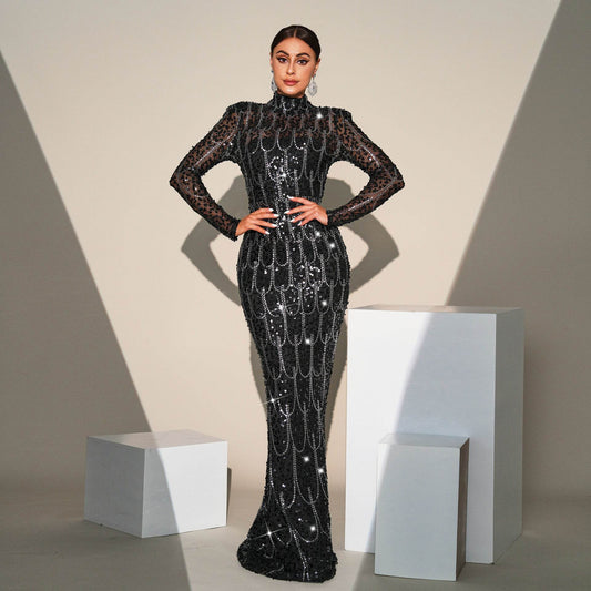 Long Sleeve Slim-fit Sequined Banquet Evening Dress