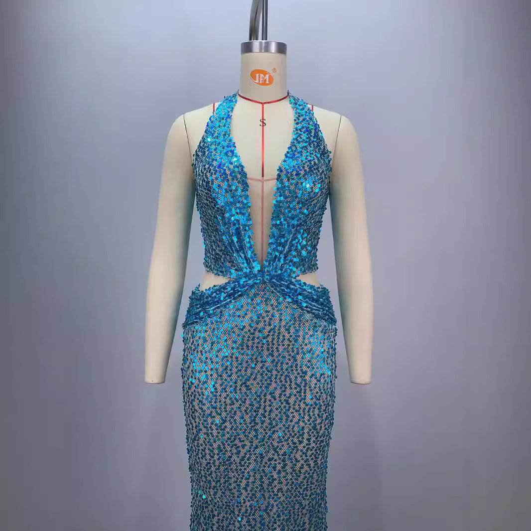 New Halter Deep V-neck Slim fit Sequined Evening Party Dress