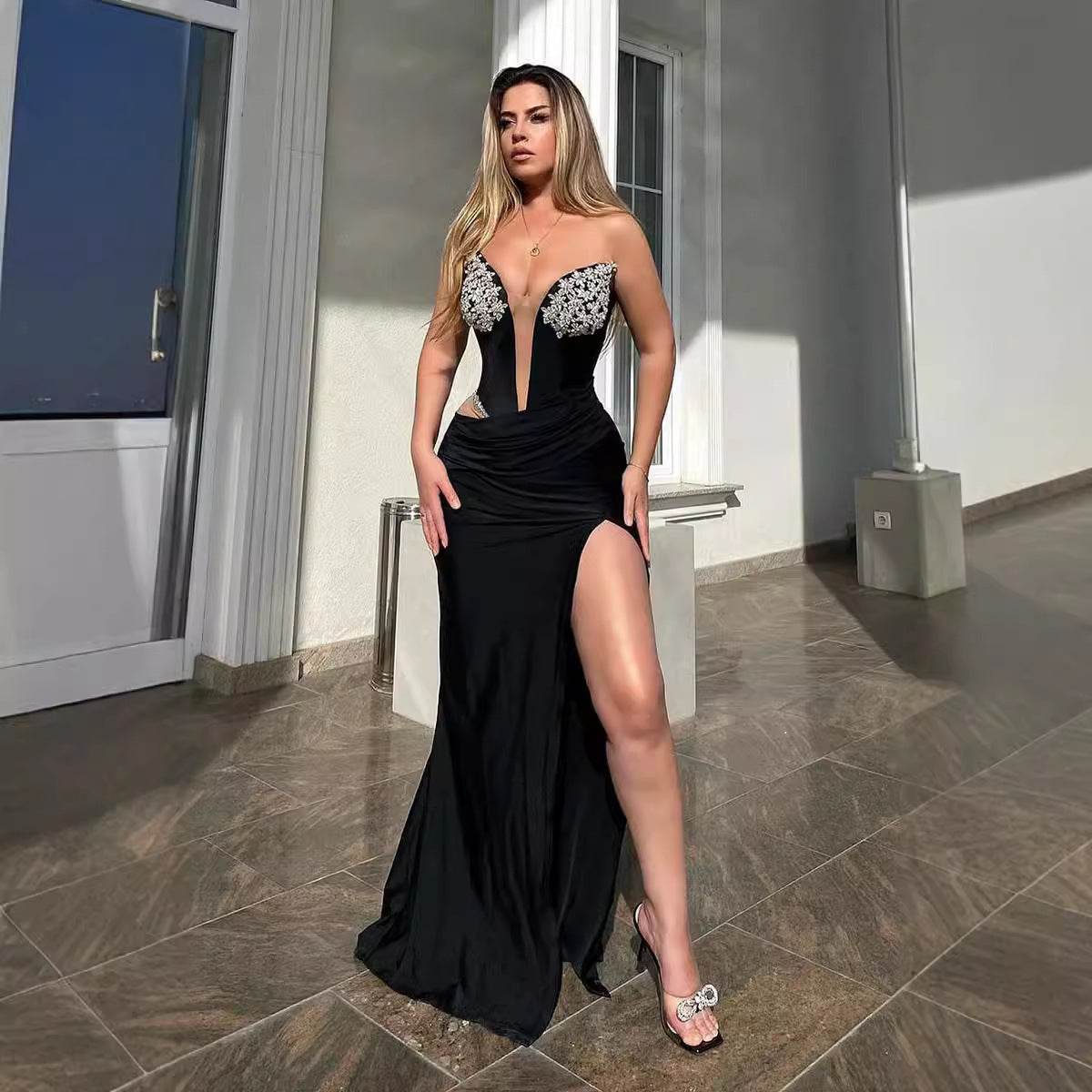 Women's Black Bandeau Slim-fit Drilling Slit Cocktail Evening Dinner Dress