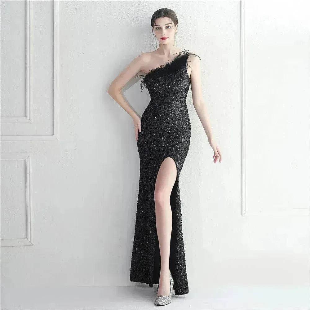 Ostrich Feather Off-shoulder Collar Sequined Dress Long Evening Gown