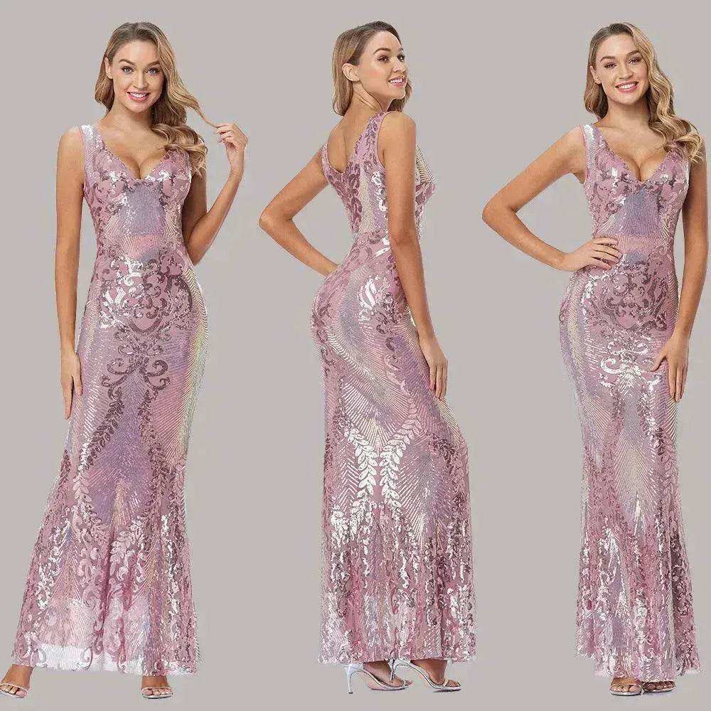 Women's Fashionable Sequin High Waist Sleeveless V-Neck Evening Gown