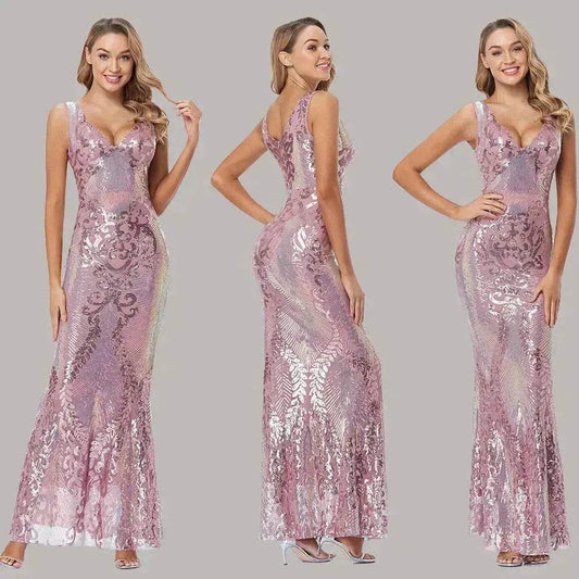 Women's Fashionable Sequin High Waist Sleeveless V-Neck Evening Gown