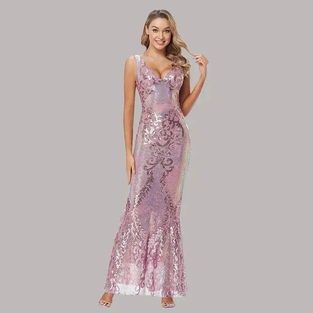 Women's Fashionable Sequin High Waist Sleeveless V-Neck Evening Gown