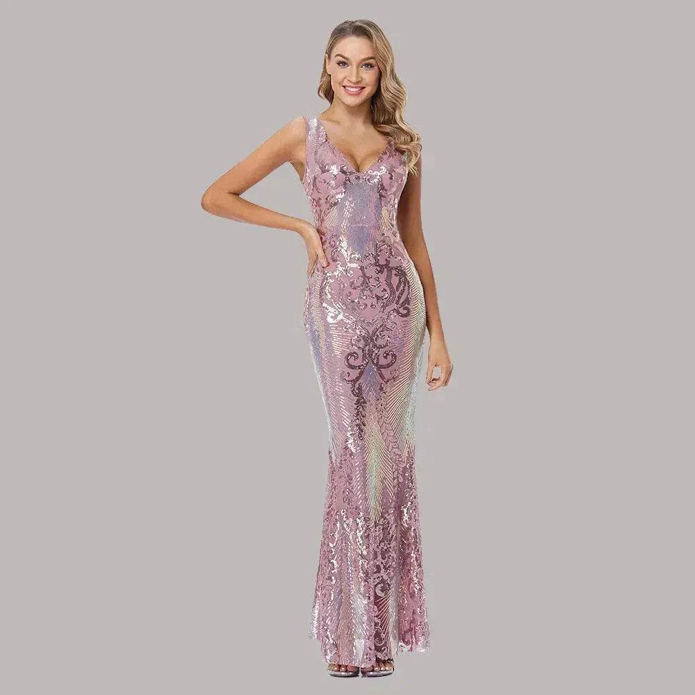 Women's Fashionable Sequin High Waist Sleeveless V-Neck Evening Gown
