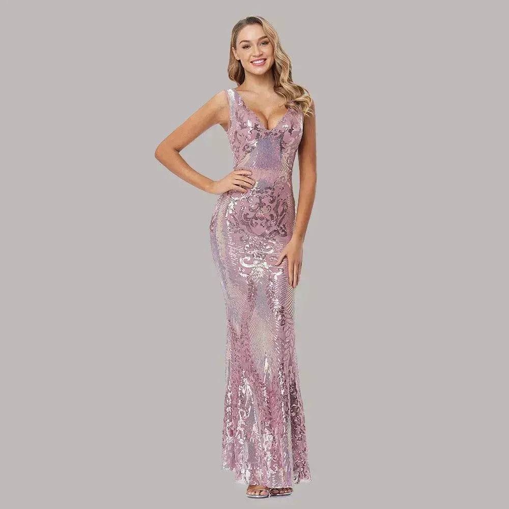 Women's Fashionable Sequin High Waist Sleeveless V-Neck Evening Gown