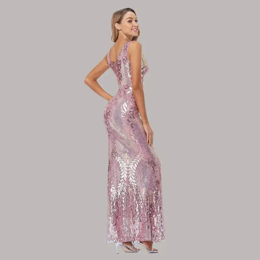 Women's Fashionable Sequin High Waist Sleeveless V-Neck Evening Gown