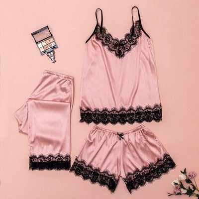 European and American lace sexy pajamas three-piece suit