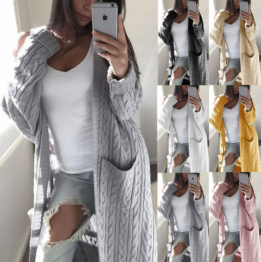 Long double-pocket full body twist sweater cardigan