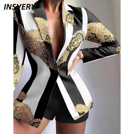 Fashion Two Piece Set Turn Down Collar Long Sleeve Jacket Shorts Set Sexy Women Outfit