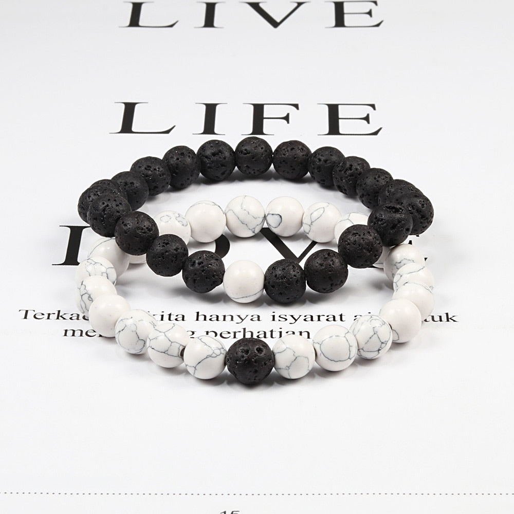 Couples Distance Bracelets Black White Natural Lava Stone Tiger Eye Beaded Yoga Bracelets for Men Women Elastic Rope Jewelry