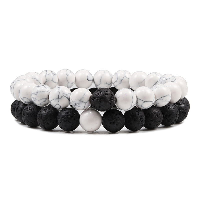Couples Distance Bracelets Black White Natural Lava Stone Tiger Eye Beaded Yoga Bracelets for Men Women Elastic Rope Jewelry