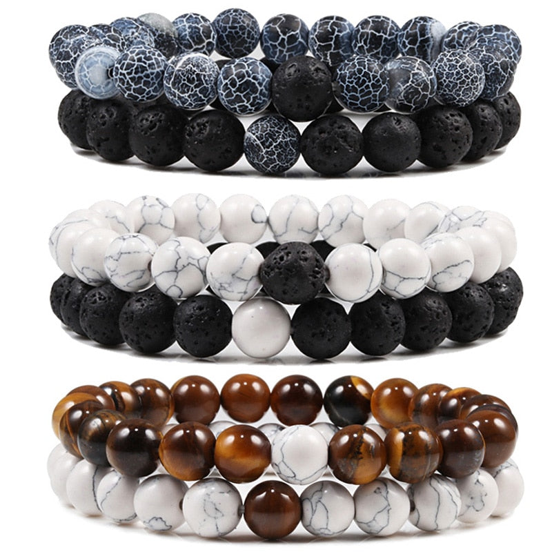 Couples Distance Bracelets Black White Natural Lava Stone Tiger Eye Beaded Yoga Bracelets for Men Women Elastic Rope Jewelry