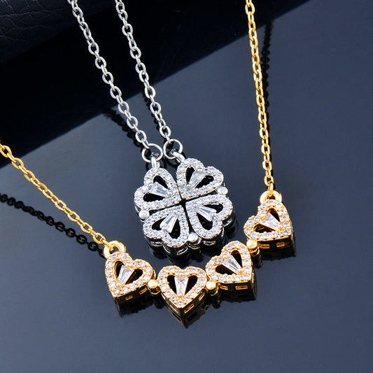 Creative Magnetic Folding Heart-Shaped Four-leaf Clover Necklace New Popular Design Jewelry Two Ways To Wear