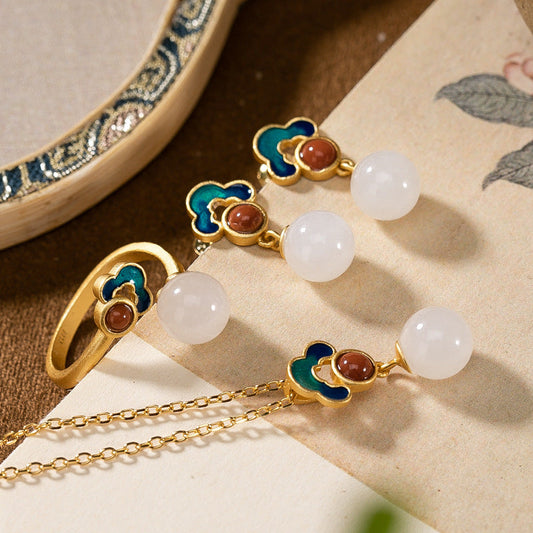 S925 sterling silver and Tian Yu ear nail female gold plated Chinese style rings pendant set