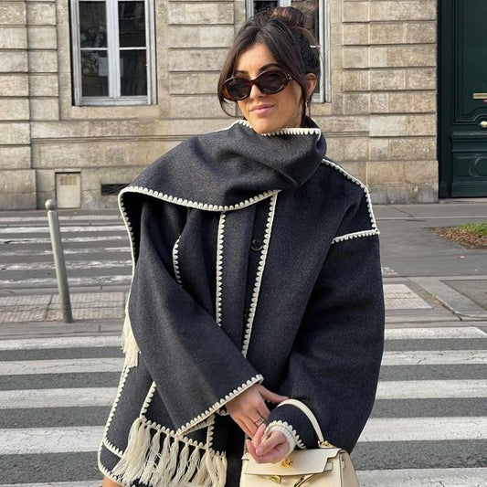 New Fashion Woolen Coat Thickened Loose with Scarf Tassel Women's Style