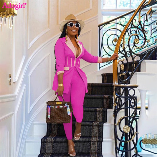 Adogirl Patchwork 2 Piece Set Women Blazer Elegant Slim Long Sleeve Corset ,Jacket ,Pencil Pants