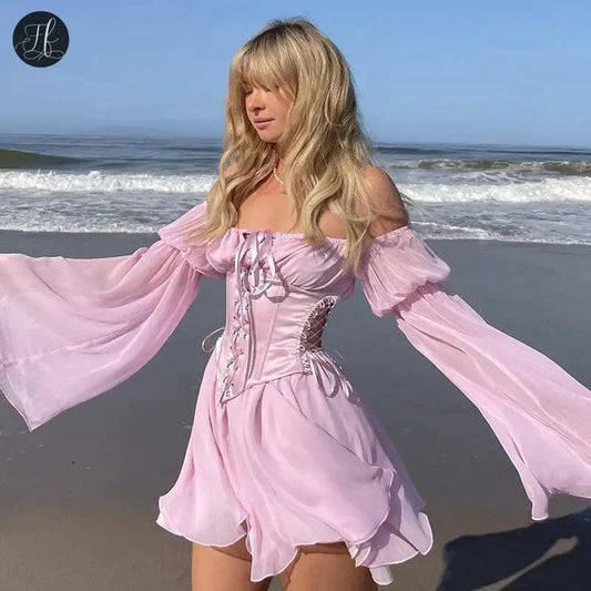 Chiffon Summer Dress Pink Bandage Corset