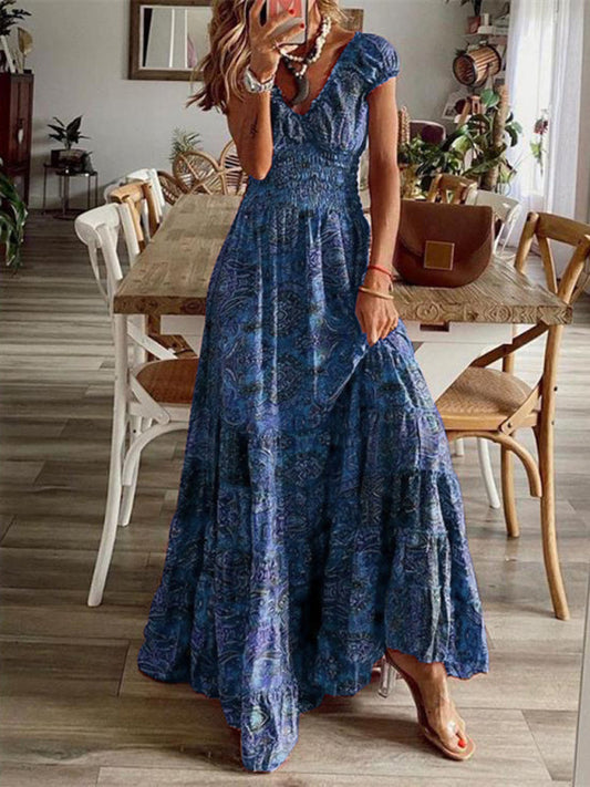Women's Floral Puff Sleeve V-Neck Maxi Dress