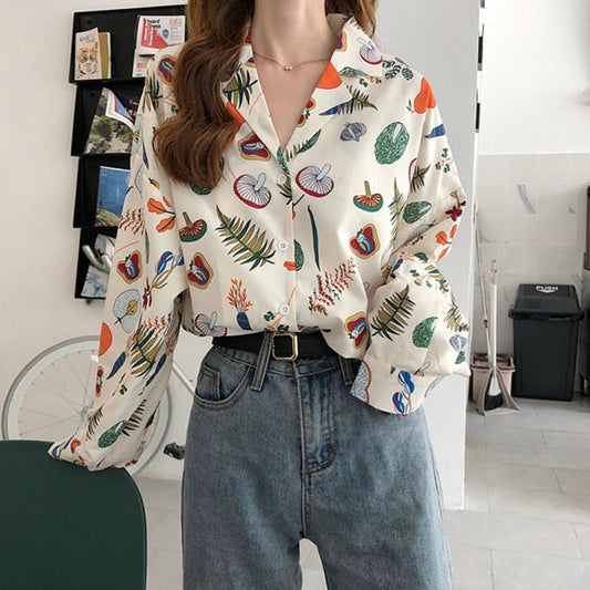 Spring Summer Vintage Print Female Blouse Loose Long Sleeve Shirts V Neck Women Tops